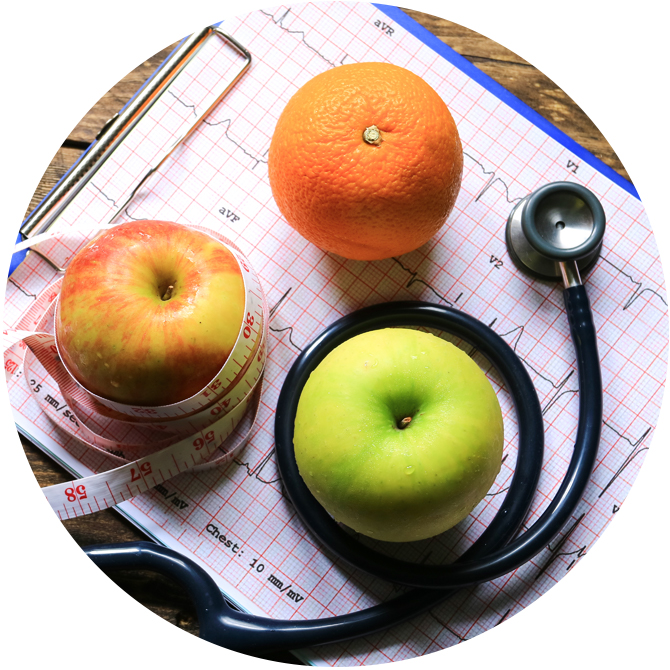 fruit, stethoscope, vital sign readout