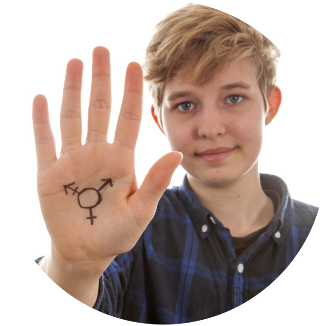 individual with transgender symbol on hand